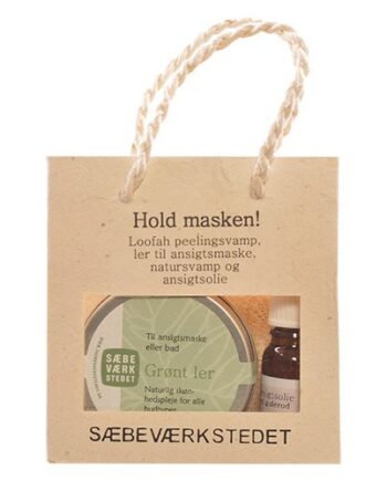Grøn Gavepose Med T Ler Ansigtsolie Natursvamp Peeling Pad - Goodcare